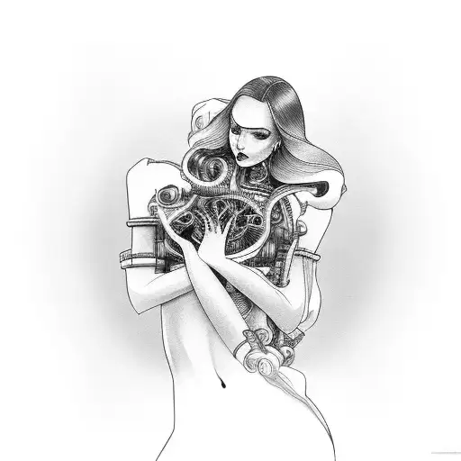 A seductive silhouette of a woman with a car engine as her heart tattoo design idea
