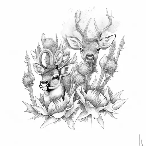 thistles and iris flowers with deer in center tattoo design idea