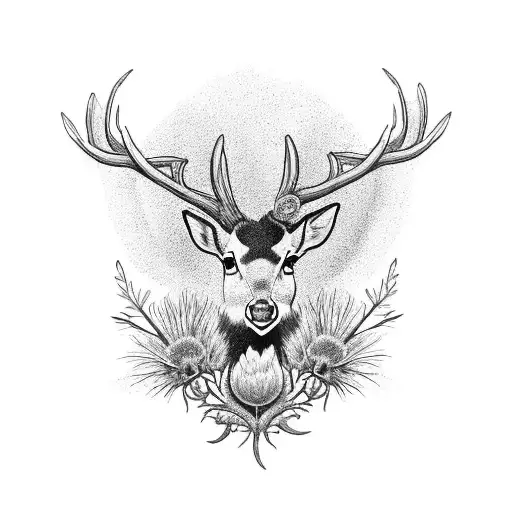 a lot of thistles and iris flowers with small deer head in center tattoo design idea