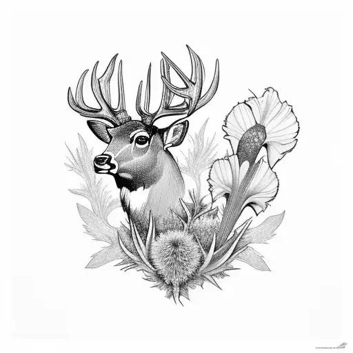 thistles and iris flowers with deer in center tattoo design idea