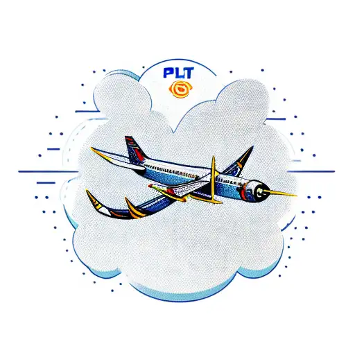 A successful pilot standing on a pile of money with a plane and a crypto logo tattoo design idea