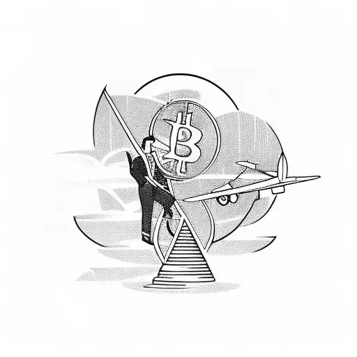 A successful pilot standing on a pile of money with a plane and a crypto logo tattoo design idea