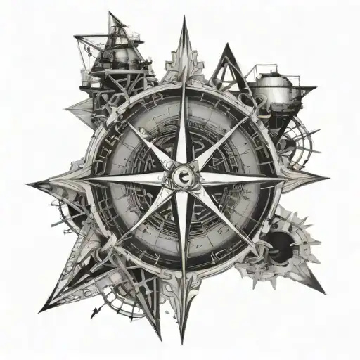 A compass rose surrounded by oil derricks, symbolizing your connection to both hunting and the oilfield tattoo design idea