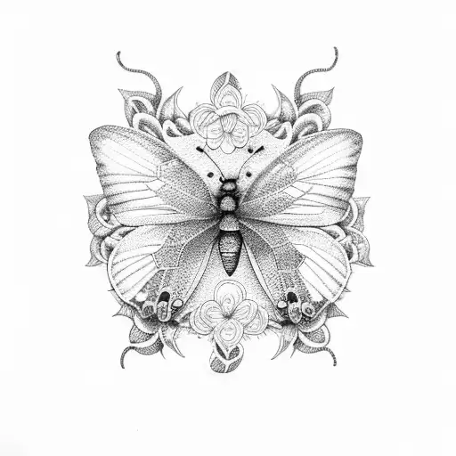 A dotwork tattoo of a majestic blue and yellow butterfly perched on a guitar tattoo design idea