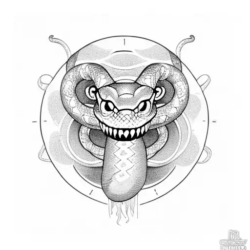 coiled snake with fangs tattoo design idea