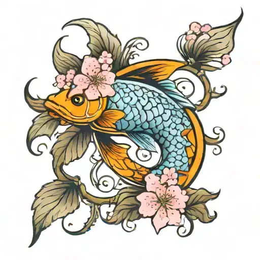 A Pisces zodiac symbol intertwined with cherry blossom flowers, incorporating elements of El Salvador culture, designed in a new-school style tattoo design idea