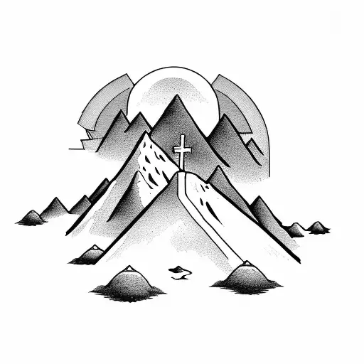 a hill with a small cross on top with a mountain in the background tattoo design idea