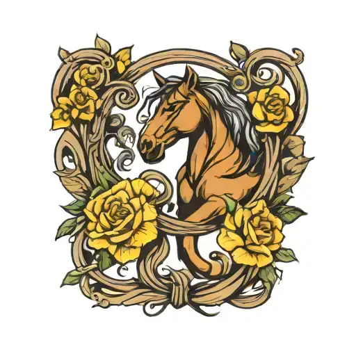 two horse shoes with yellow rose tattoo design idea