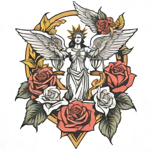 Roses and Lady of Justice and Wings tattoo design idea