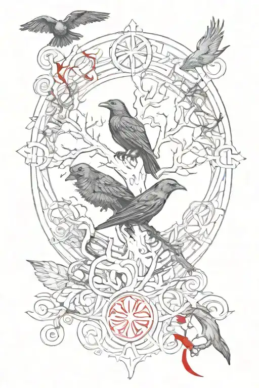 black and red unique designs incorporating the Norse mythology, Odin's ravens, tree of life and runes tattoo design idea