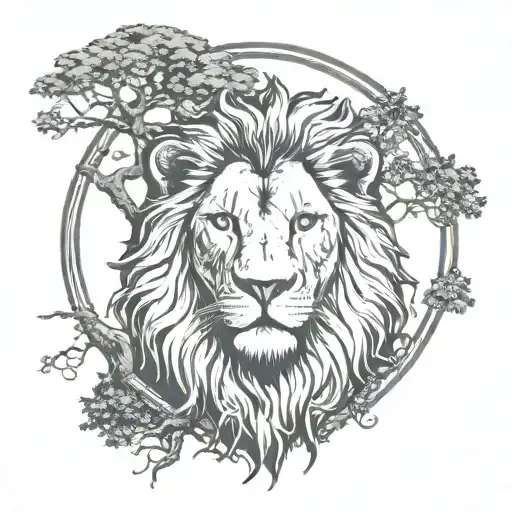 lion head with a as above so below tree behind the lion head tattoo design idea