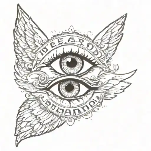 eye angel with six wings, words "be not afraid" around the eye angel tattoo design idea