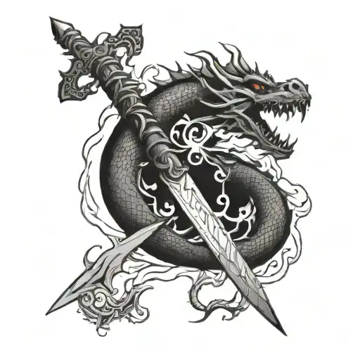 Dragon wrapped around a flaming sword tattoo design idea