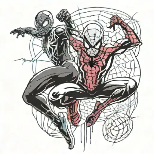 A dynamic and action-packed tattoo featuring Spiderman, Miles Morales, and Spider Gwen teaming up to fight crime tattoo design idea