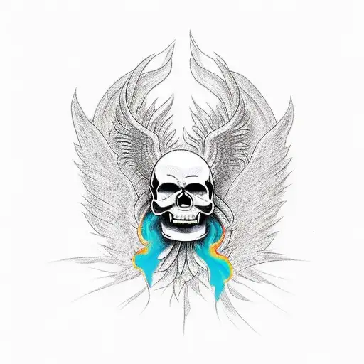 skull with a phoenix bird emerging from the top in flames tattoo design idea