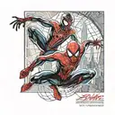 A dynamic and action-packed tattoo featuring Spiderman, Miles Morales, and Spider Gwen teaming up to fight crime tattoo design idea