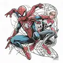 A dynamic and action-packed tattoo featuring Spiderman, Miles Morales, and Spider Gwen teaming up to fight crime tattoo design idea