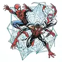 A dynamic and action-packed tattoo featuring Spiderman, Miles Morales, and Spider Gwen teaming up to fight crime tattoo design idea