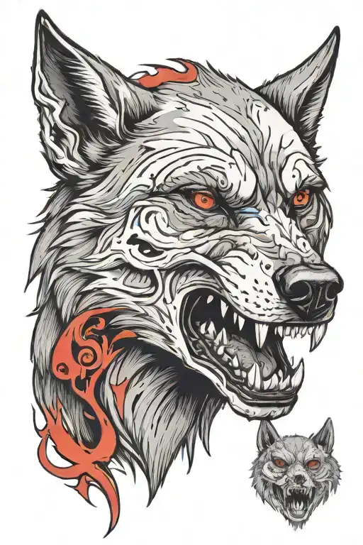 The face of an aggressive wolf with red smoke coming out of its eyes and an open mouth. Under the wolf's face is a skull. On the left side of the skull is a bat. tattoo design idea