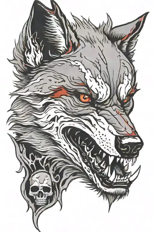 The face of an aggressive wolf with red smoke coming out of its eyes and an open mouth. Under the wolf's face is a skull. On the left side of the skull is a bat. tattoo design idea