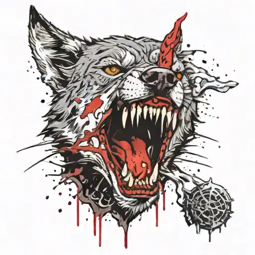 The face of an aggressive wolf with red smoke coming out of its eyes and an open mouth. Under the wolf's face is a skull. On the left side of the skull is a bat. tattoo design idea