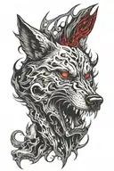 The face of an aggressive wolf with red smoke coming out of its eyes and an open mouth. Under the wolf's face is a skull. On the left side of the skull is a bat. tattoo design idea