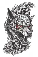 The face of an aggressive wolf with red smoke coming out of its eyes and an open mouth. Under the wolf's face is a skull. On the left side of the skull is a bat. tattoo design idea