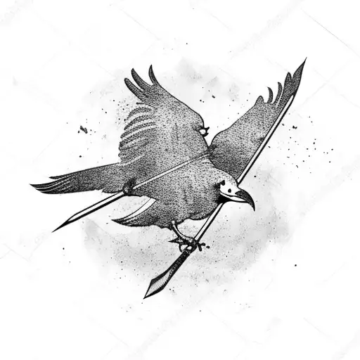 Raven flying with an arrow in its claw tattoo design idea