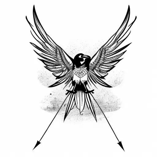 Raven flying with an arrow in its claw tattoo design idea