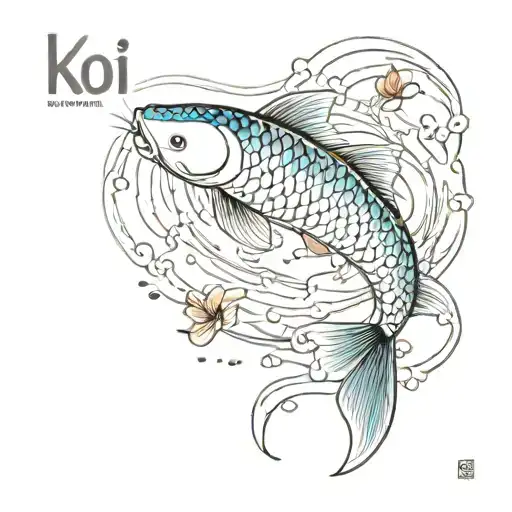 water flowing aroud koi fish with the qoute " water is the element of change" tattoo design idea