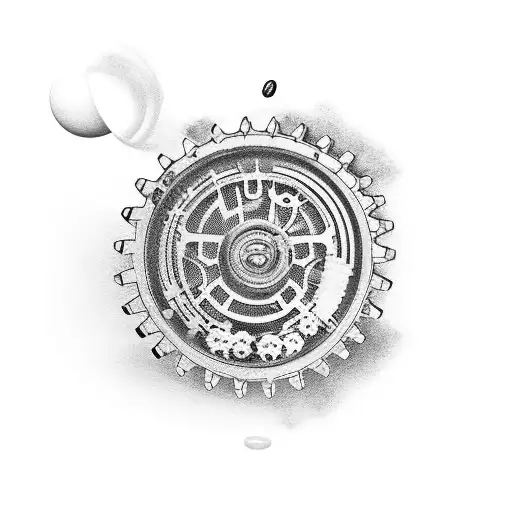 A golf ball with coffee beans inside, surrounded by gears and wrenches tattoo design idea
