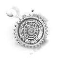 A golf ball with coffee beans inside, surrounded by gears and wrenches tattoo design idea