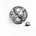 A golf ball with coffee beans inside, surrounded by gears and wrenches tattoo design idea