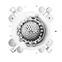 A golf ball with coffee beans inside, surrounded by gears and wrenches tattoo design idea