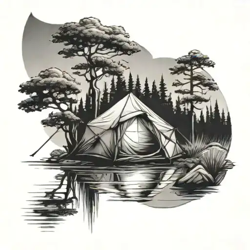 camp tent lake reflecting tattoo design idea