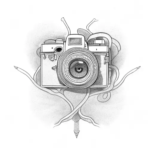 A camera lens intertwined with a neuron tattoo design idea