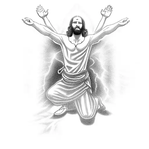person kneeling praying, asking for a miracle, Arrival of Jesus Christ with a white light invading a dark environment wi tattoo design idea