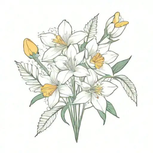 fine line tattoo; bouquet with a daffodil, snow drop, poppy, and water lili flower, simple fine line no shadding  tattoo design idea