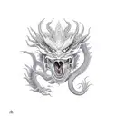 above is a dragon with three heads, the dragon's tail forms the number 8, below the dragon is an angry bull tattoo design idea