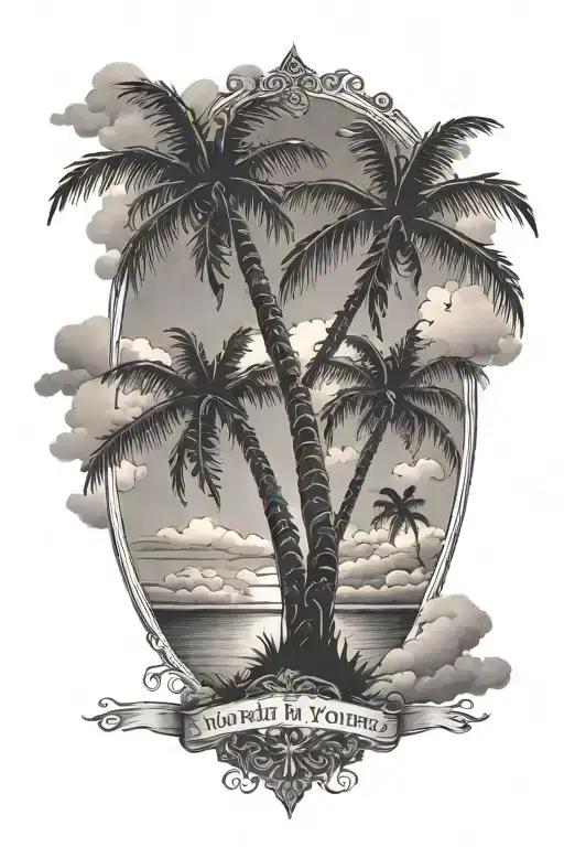 two palm trees mirroring eachother a sunset in the centre with clouds above and behind and a quote "The world is yours" tattoo design idea