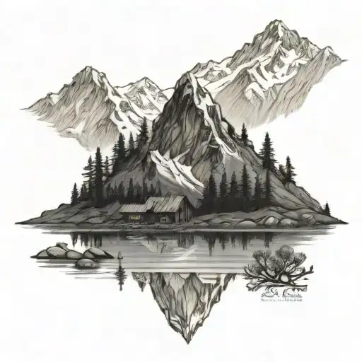 Mount cook (new Zealand) behind a lake, with the cabin from Bon Iver's album (Bon Iver) to the side. tattoo design idea