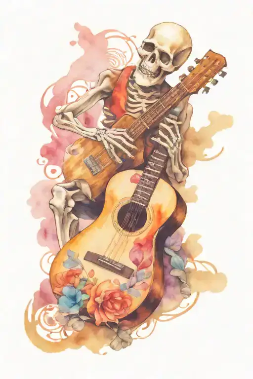 skeleton playing guitar tattoo design idea