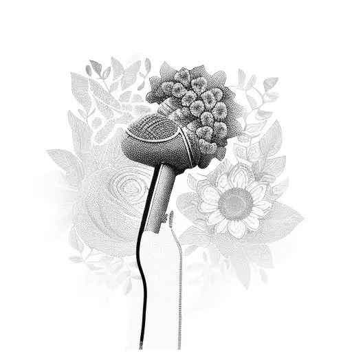 African American woman singing with a microphone, surrounded by floral patterns tattoo design idea