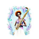 African American woman playing a saxophone surrounded by flowers and butterflies tattoo design idea