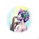 African American woman playing a saxophone surrounded by flowers and butterflies tattoo design idea