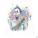 African American woman playing a saxophone surrounded by flowers and butterflies tattoo design idea
