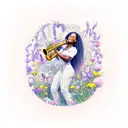 African American woman playing a saxophone surrounded by flowers and butterflies tattoo design idea