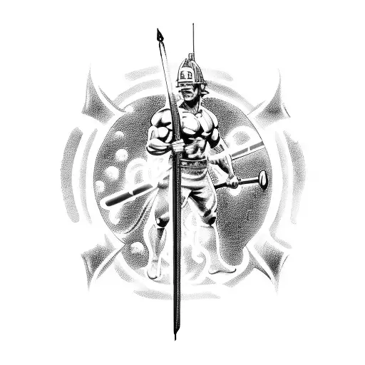 A muscular firefighter wielding a flaming sword with mythological creatures in the background tattoo design idea