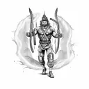 A muscular firefighter wielding a flaming sword with mythological creatures in the background tattoo design idea