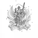 A muscular firefighter wielding a flaming sword with mythological creatures in the background tattoo design idea